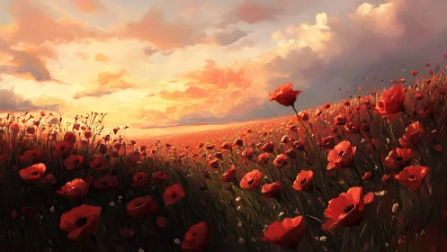 Sunset over expansive red poppy field under clouded sky.