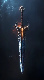 Two-toned ornate sword with molten core and icy blade.