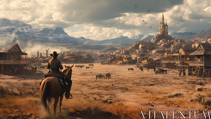 Dusty frontier boulevard greets lone rider beneath stormy skies