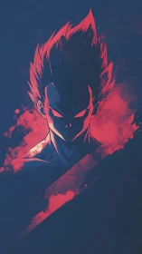 Neon-lit anime warrior portrait in stark blue and red glow.
