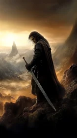 Lone warrior pauses on fiery cliffs before distant tower