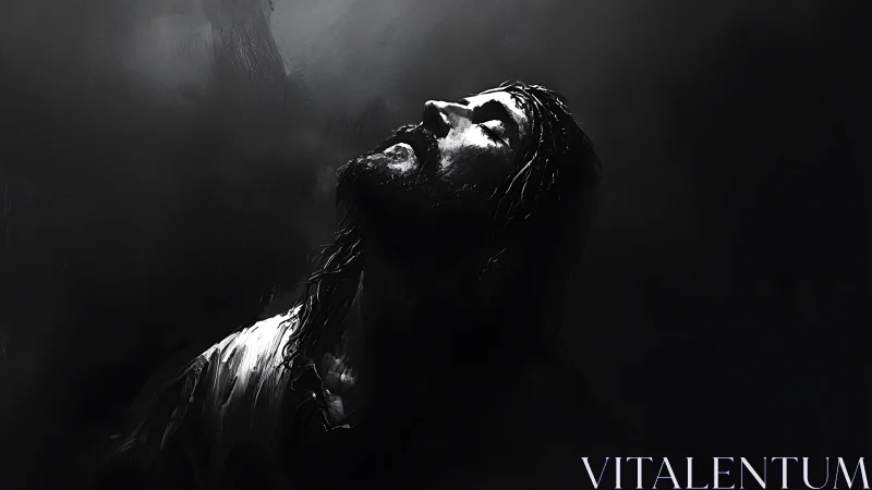 Monochrome chiaroscuro portrait in upward luminance gradient.