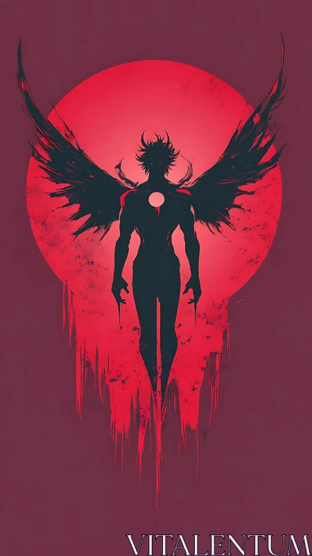 Winged humanoid silhouette stands before red circular backdrop