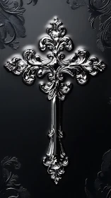 Ornate silver cross gleams over dark baroque background.