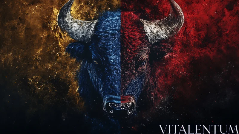 Symmetric dual-color bison portrait with split warm backdrops.