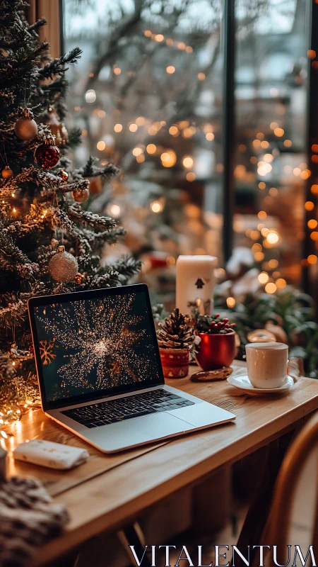 Cozy holiday desk with laptop, coffee, and lit tree.