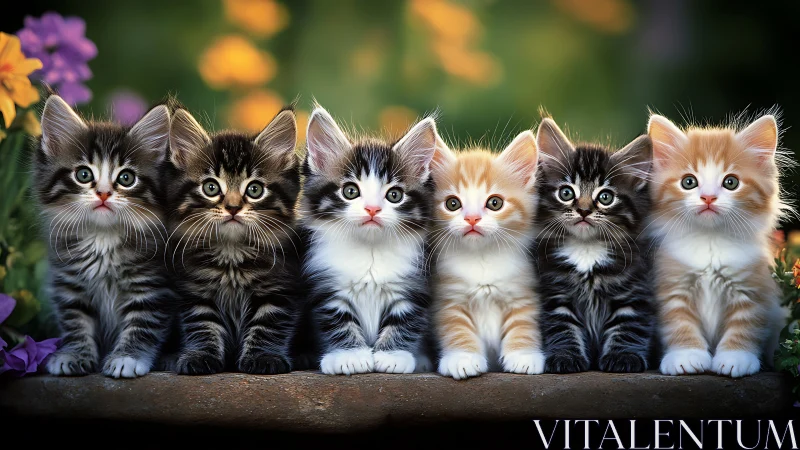 Six fluffy kittens in a row sit against blooming garden background.