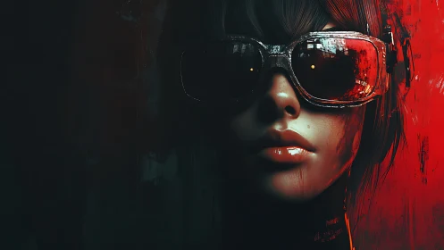 Cybernetic woman in reflective goggles under crimson light.