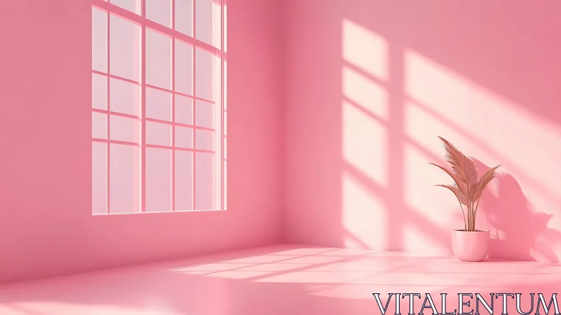 Minimal pink room with potted plant and window light.