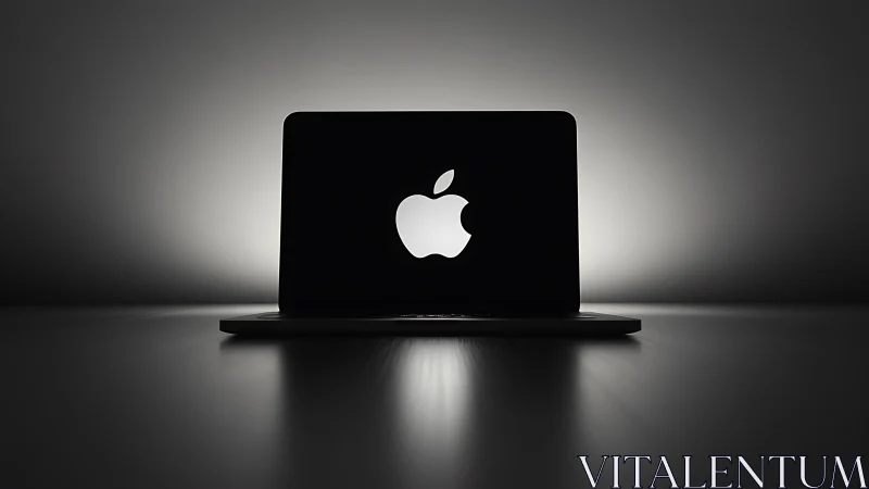 Glow of a laptop logo in a calm, shadowy workspace scene.