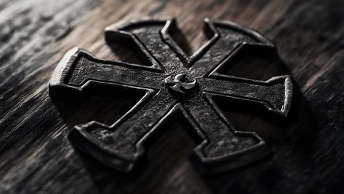 Ancient Iron Cross on Wood in Dramatic Light, Rustic Style.