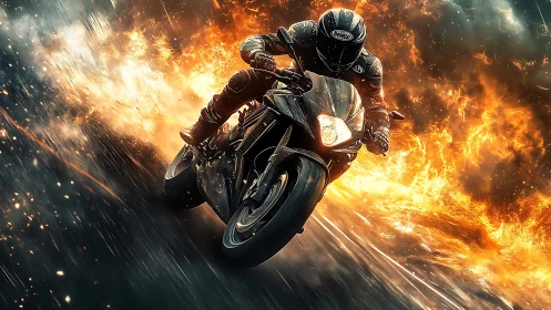 Midnight rider carving fire through a stormy neon road.