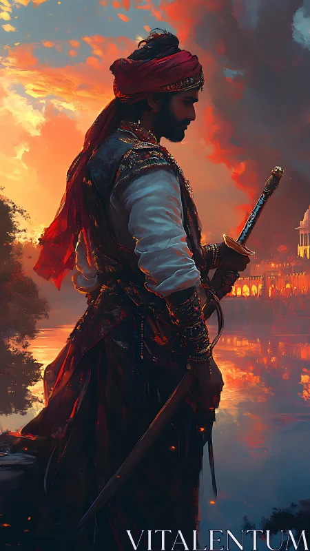 Warrior in ornate attire beside reflective riverside at dusk.