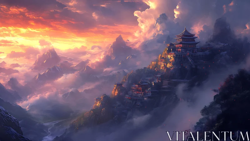 Tiered mountain temples in dense mist at sunset light.