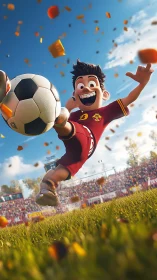 Cartoon striker kicks dynamic soccer ball in stadium celebration.