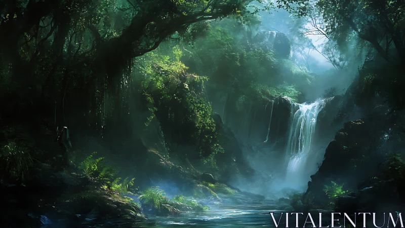 Luminescent Forested Gorge with Cascading Waterfall and Ethereal Mist.