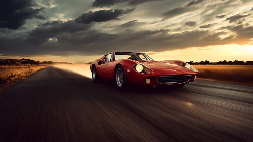 Red classic sports car races along a sunset country highway