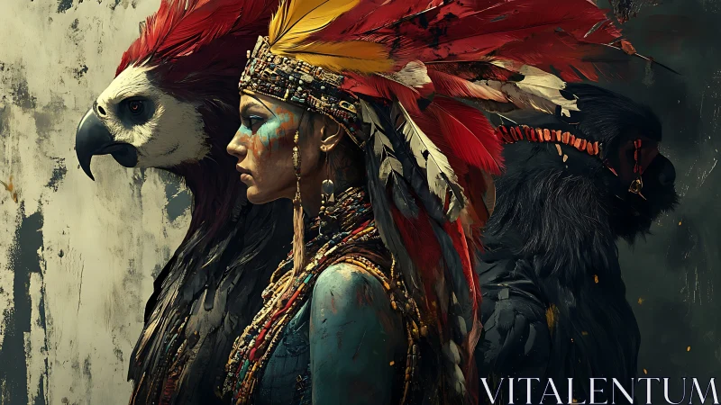 Woman in feathered headdress flanked by bird and beast