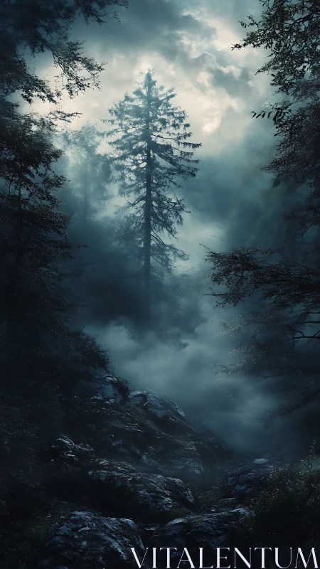 Nocturnal conifer forest ravine in cinematic lighting design.