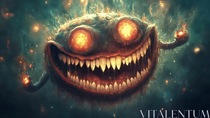 Smiling cosmic monster glowing with wild ember-bright eyes.