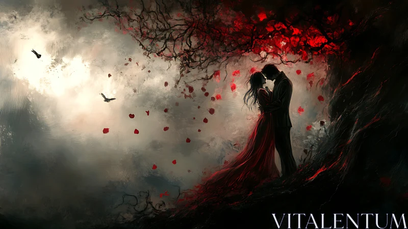 Two souls embrace beneath crimson petals and twisted vines.