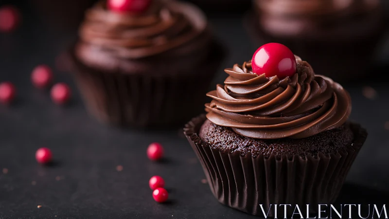 Chocolate cupcakes with red pearl decorations on dark surface.