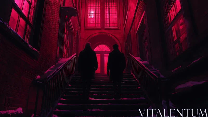 Two figures on snow-covered urban stairway in red light.