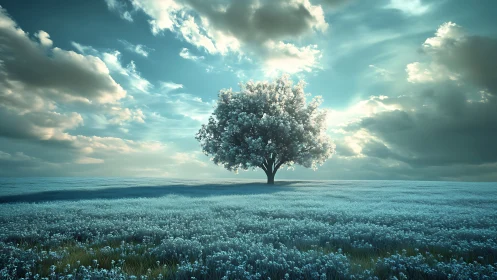 Solitary flowering tree anchors a cool-toned atmospheric meadow