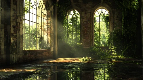 Sunlit abandoned greenhouse interior overgrown with ivy