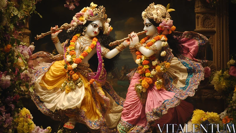 Flute melodies and flower garlands in a glowing divine dance.