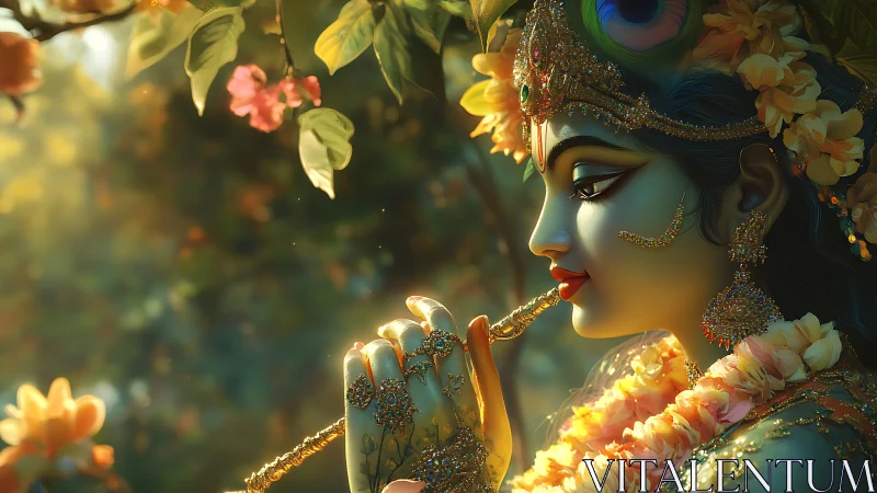 Deity figure plays flute amid soft-focus foliage and flowers