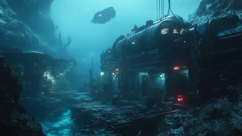Midnight outpost beneath the stormy neon-blue abyss.