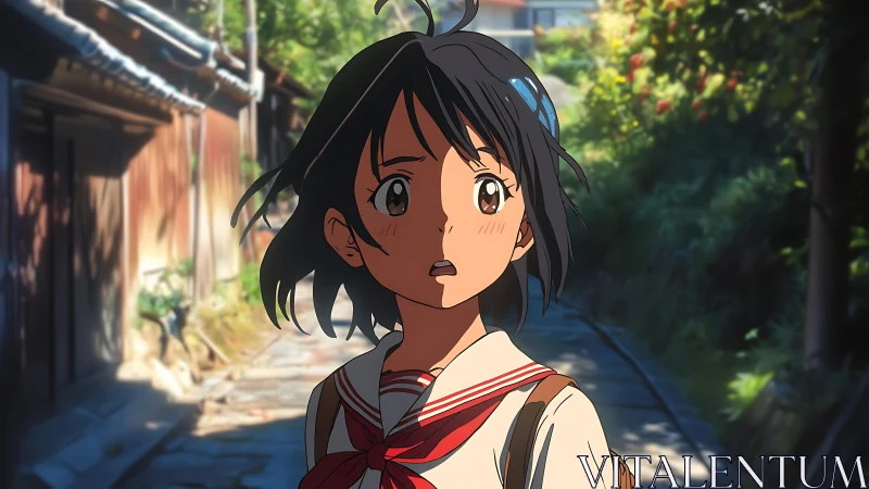 Anime schoolgirl in sunlit alley with expressive surprise.