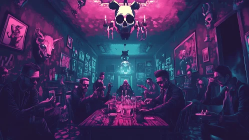 Neon underworld gathering around a secretive table scene.