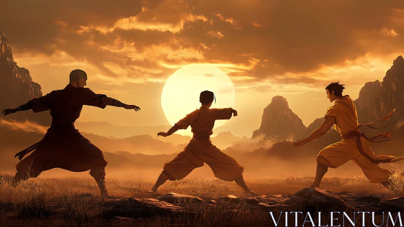 Martial artists train at sunset amid misty sacred mountains