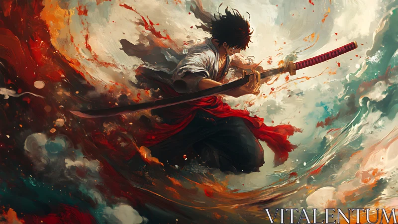 Samurai swordsman in swirling abstract painted environment.