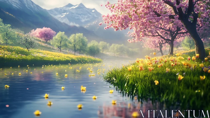 Spring river drifts under blossom-laden trees and glowing peaks