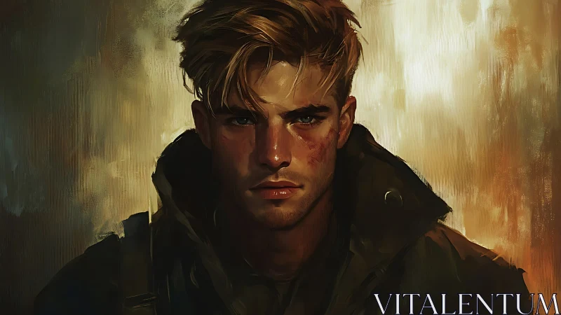 Battle-worn blond hero in moody painterly digital portrait.