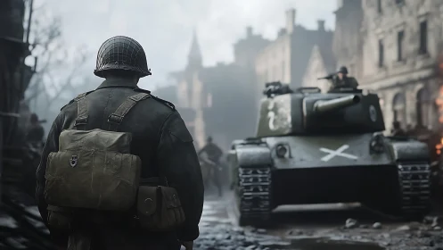 Soldier confronts advancing tank in foggy war-torn city street