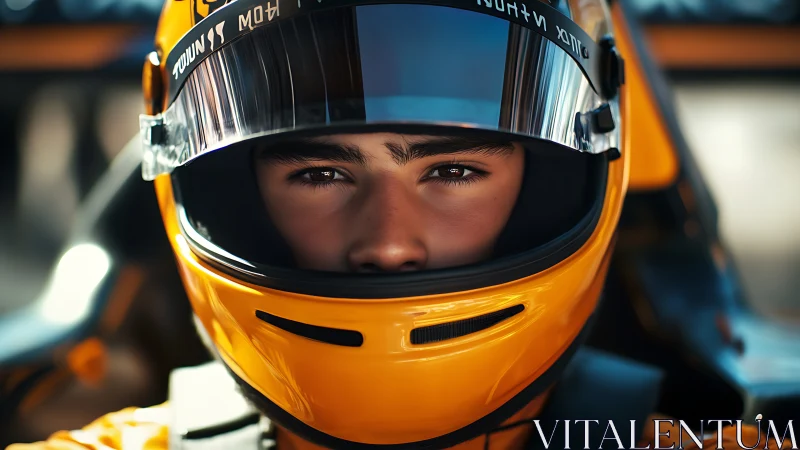 Close frontal view shows driver wearing reflective race helmet