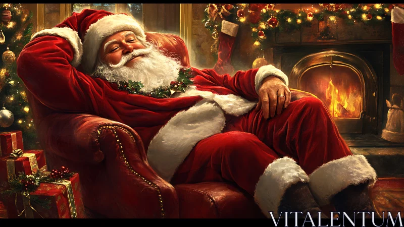 Cozy Santa relaxing by the fireplace after a joyful night.