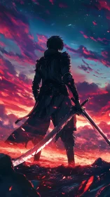 Lone swordsman welcomes the dawn in glowing crimson skies.