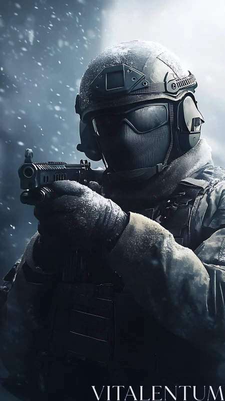 Tactical soldier aiming rifle in harsh winter blizzard.