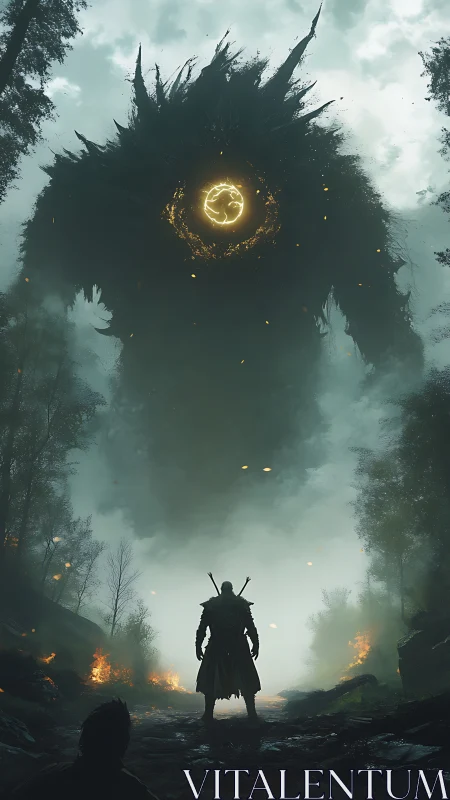 Lone warrior confronts colossal void beast in burning forest