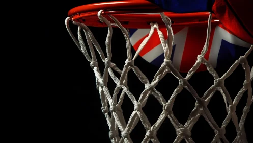 Basketball hoop frames bold Union Jack in dramatic light