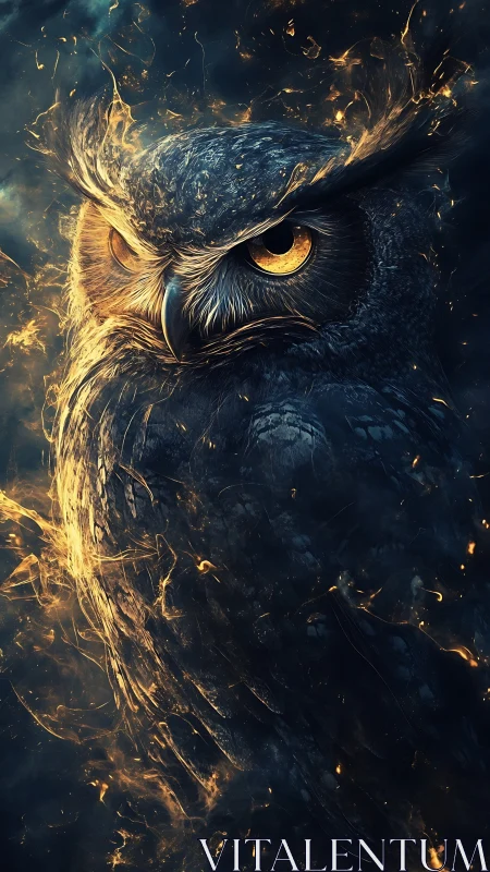 Ember-born owl in swirling golden flames at nightfall.
