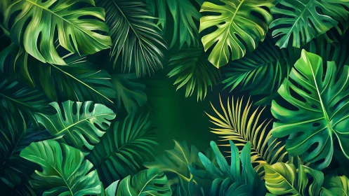 Dense tropical foliage frames central empty green space