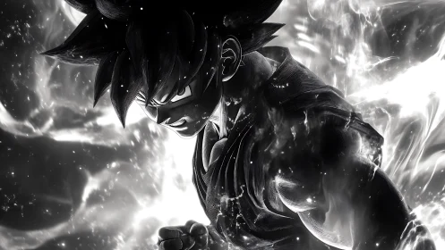 Monochrome anime fighter amid abstract energy field.