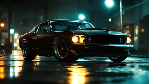 Classic muscle car on wet urban street at night scene.