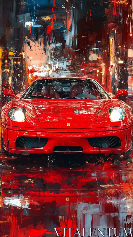 Red supercar surges through abstract neon city storm.